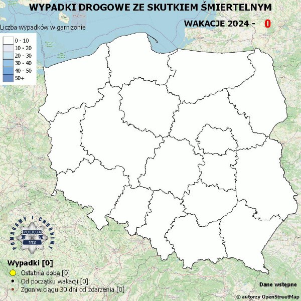 Policyjna mapa wypadków drogowych ze skutkiem śmiertelnym - wakacje 2024