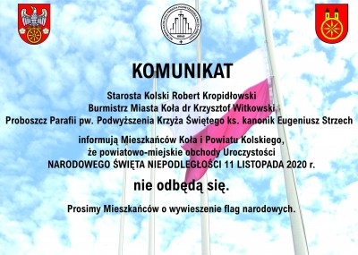 KOMUNIKAT - Narodowe Święto Niepodległości 11 LISTOPADA 2020 r.