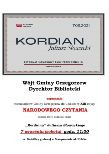 Narodowe Czytanie w Grzegorzewie – dołącz do wspólnego czytania „Kordiana”!