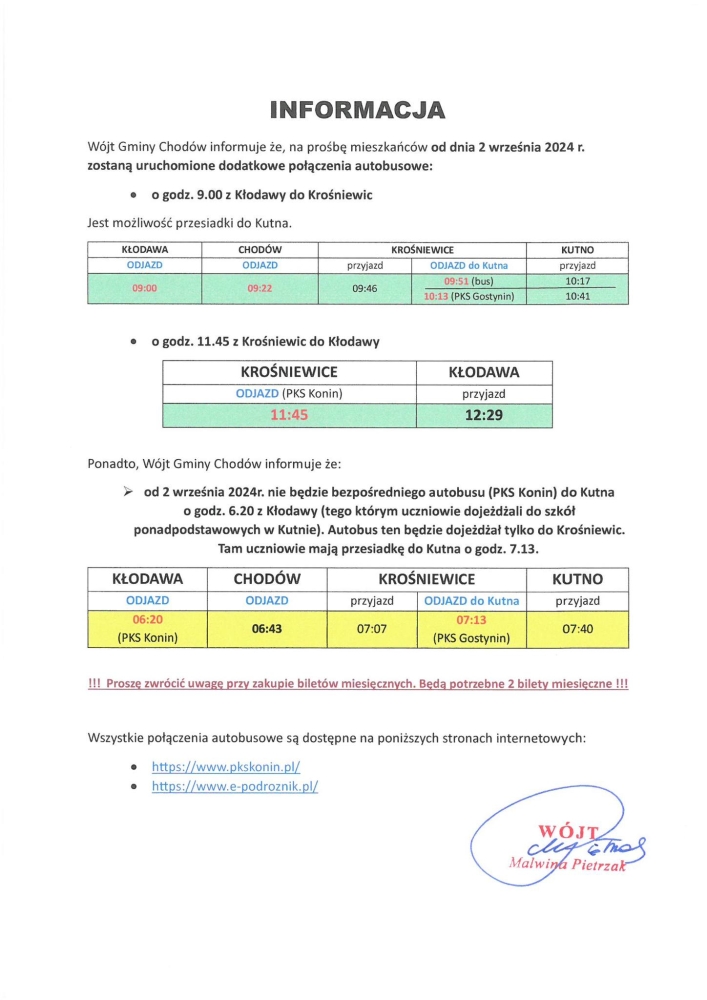 Nowe połączenia autobusowe w gminie Chodów od 2 września 2024 r.