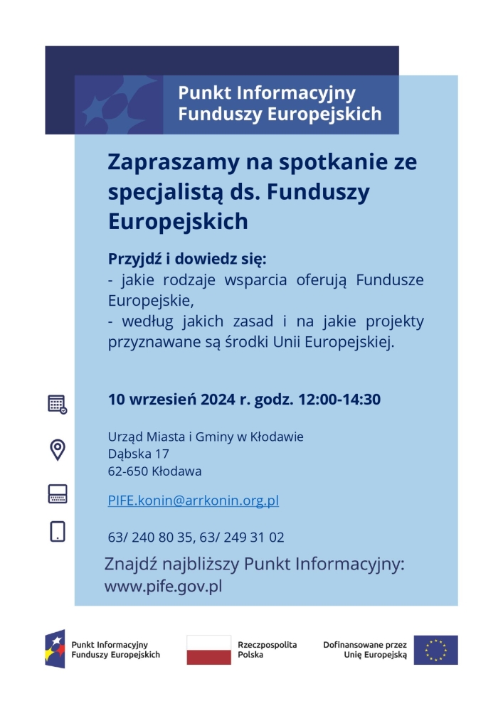 Chcesz poznać możliwości Funduszy Europejskich? Spotkaj się z ekspertem w Kłodawie!